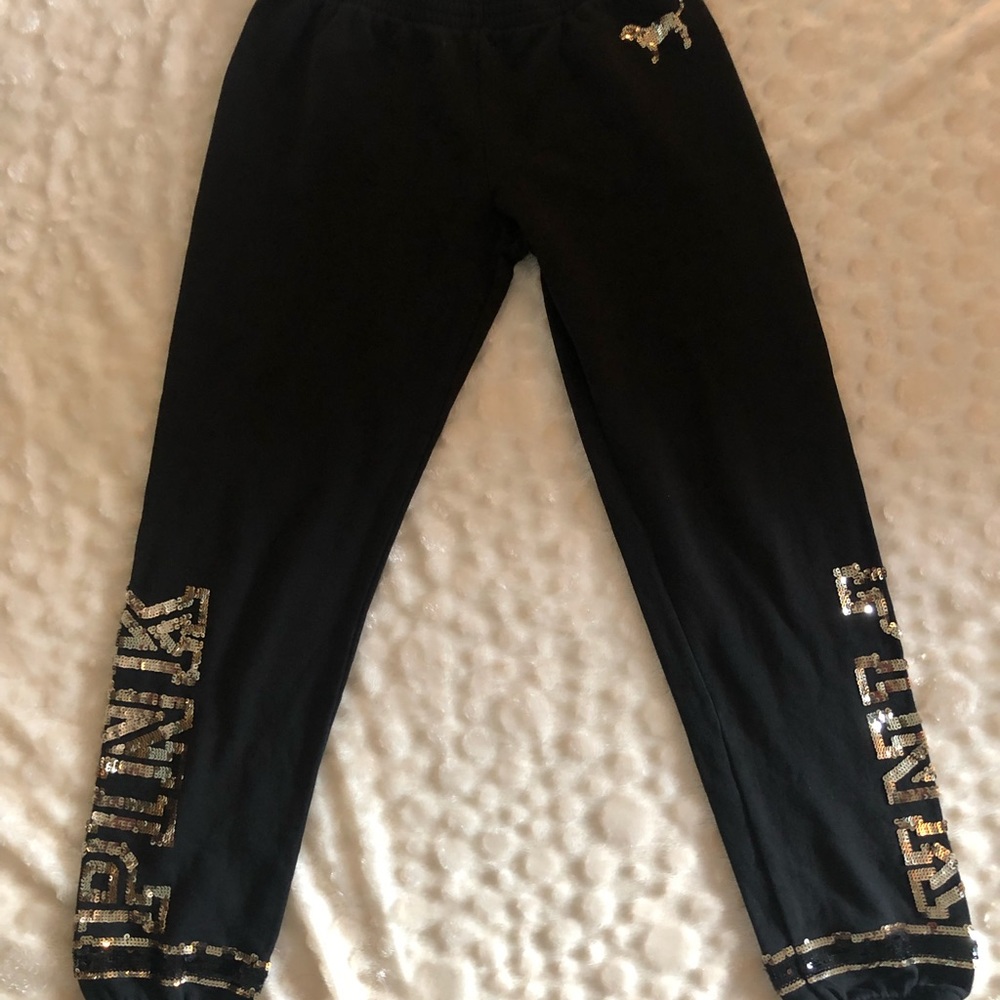 VICTORIAS SECRET PINK black sweatpants with gold tone sequins SIZE XS 🎃